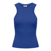 Blue ribbed tank top displayed in product image, ideal for casual summer wear