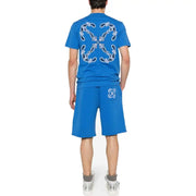 Blue short-sleeved t-shirt from Off-white showing the back with a white embroidered paisley pattern on bright fabric