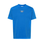 Blue short-sleeved Off-white t-shirt featuring a small embroidered off logo and butterfly design on the chest