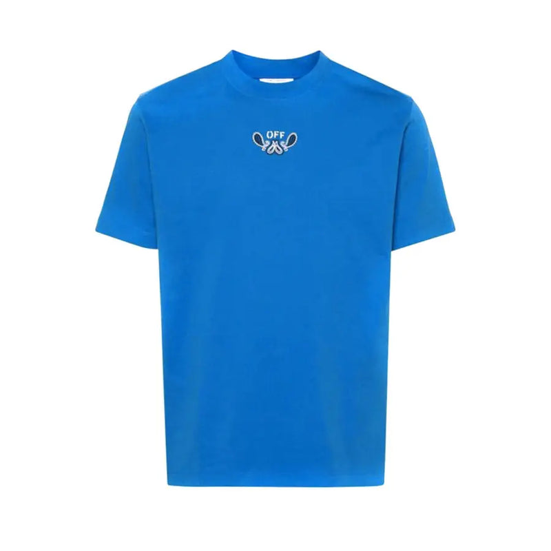 Blue short-sleeved Off-white t-shirt featuring a small embroidered off logo and butterfly design on the chest
