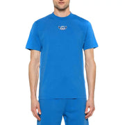 Blue short-sleeved off-white t-shirt with bright blue fabric and a small white embroidered logo on the chest