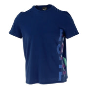 Blue short-sleeved T shirt featuring a colorful side graphic from White Short Sleeve T Shirt collection