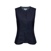 Blue sleeveless button front cotton blend gilet in dark blue suede with central button closure and subtle pleating at hem