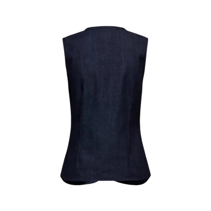 Dark blue denim sleeveless button front cotton blend gilet with fitted tailored silhouette for stylish layering