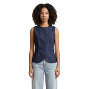 Marineblaue, ärmellose Weste aus Baumwollmischgewebe mit Knopfleiste, taillierter Silhouette und Taillenfalten.