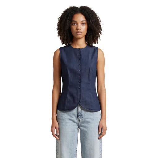 Navy blue sleeveless button front cotton blend gilet with fitted silhouette and subtle pleats at the waist