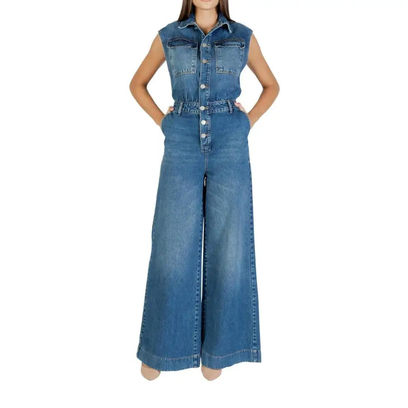 Blue sleeveless denim jumpsuit by Colcci with button front, front pockets, and wide leg design
