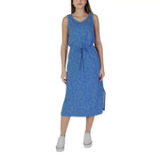Blue sleeveless midi dress from B.young featuring a stylish white polka dot design