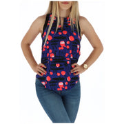 Blue sleeveless top featuring a red and black patterned design suitable for casual wear