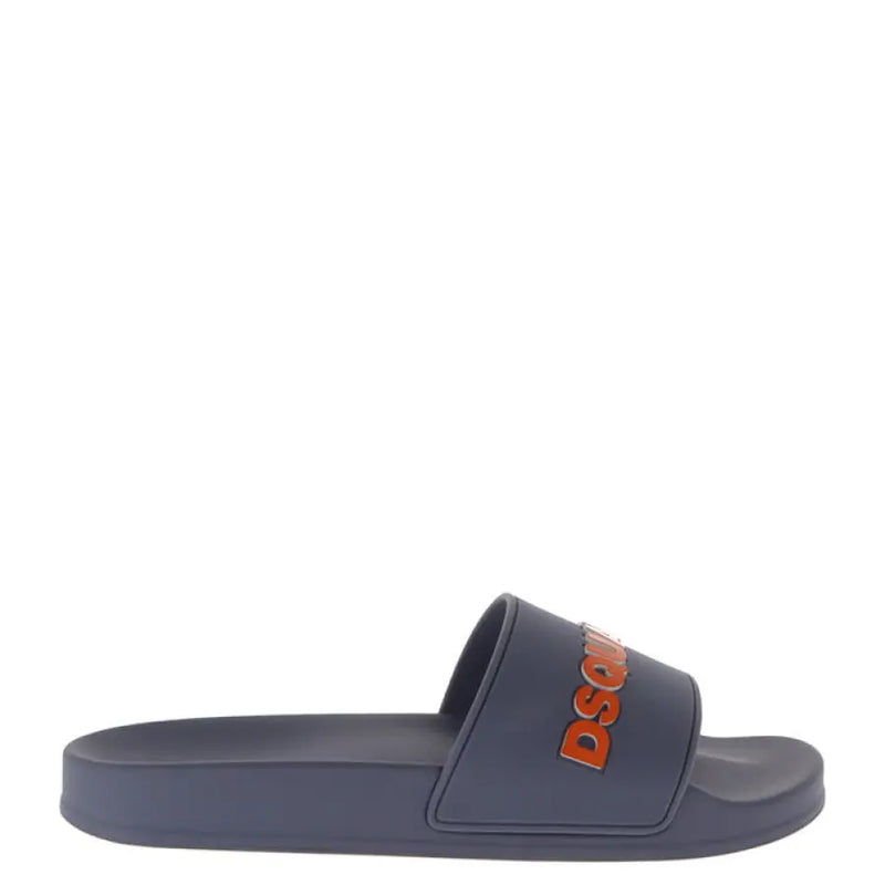 Navy blue slide sandal with orange lettering for casual and comfortable footwear