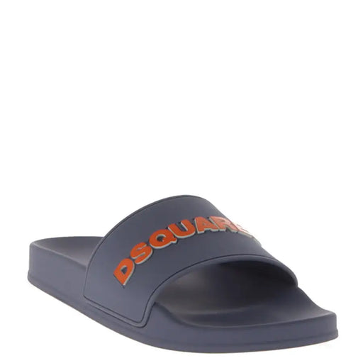 Navy blue slide sandal with orange lettering for comfortable casual wear