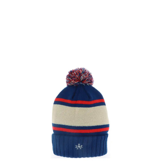 Navy blue and cream striped beanie with a red pom-pom.