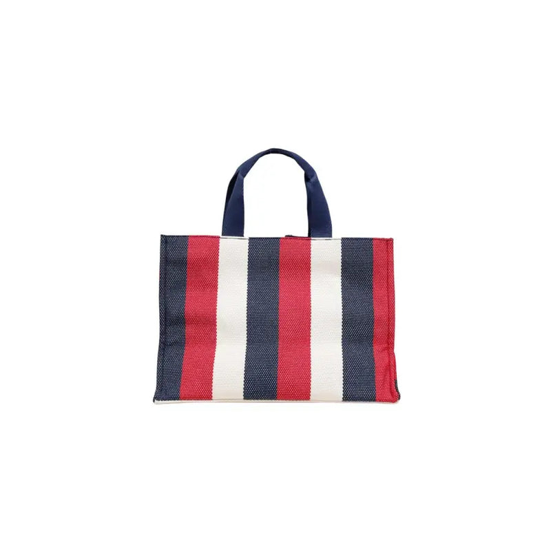 Blue striped cotton handbag by Liu Jo featuring red white and navy blue stripes with woven texture and navy handles