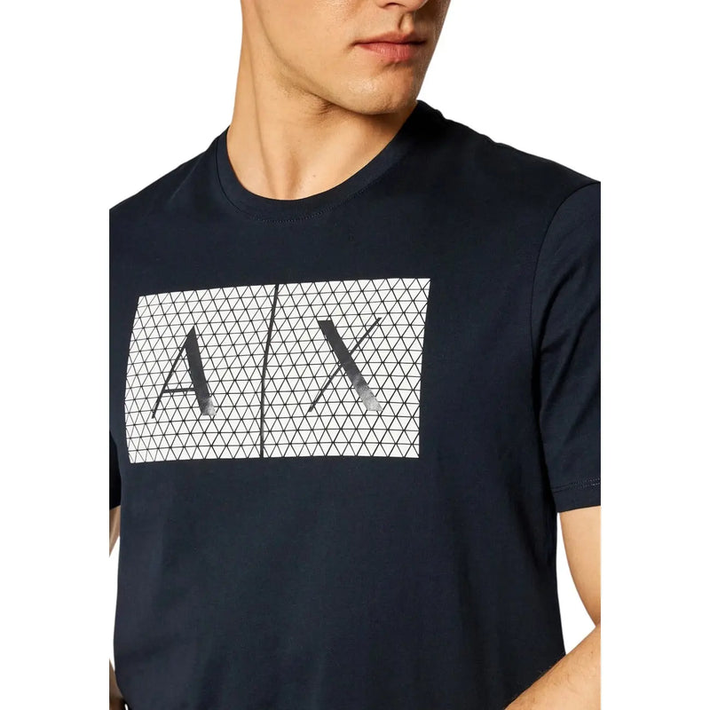 Dark navy blue short sleeved t shirt with bold white ax logo and geometric triangle pattern on front