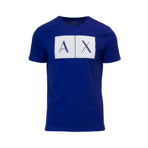 Royal blue Armani Exchange t shirt with bold white geometric logo and navy lettering on the front