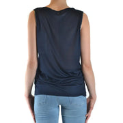Navy blue sheer sleeveless viscose tank top for women by Dondup with gold chain detailing on shoulder straps