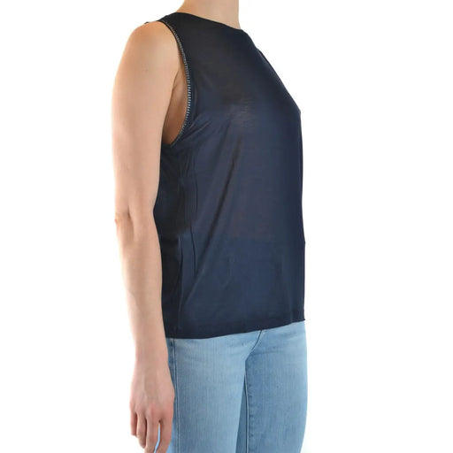 Black sleeveless top by Dondup featuring sheer lightweight fabric and decorative chain trim along the shoulder seam