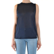 Navy blue sheer sleeveless Dondup tank top with gold chain shoulder detailing