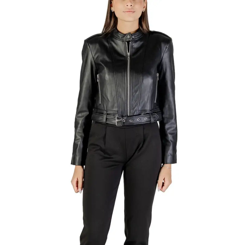 Black leather biker jacket with belt from Bordeaux Long Womens Blazer collection