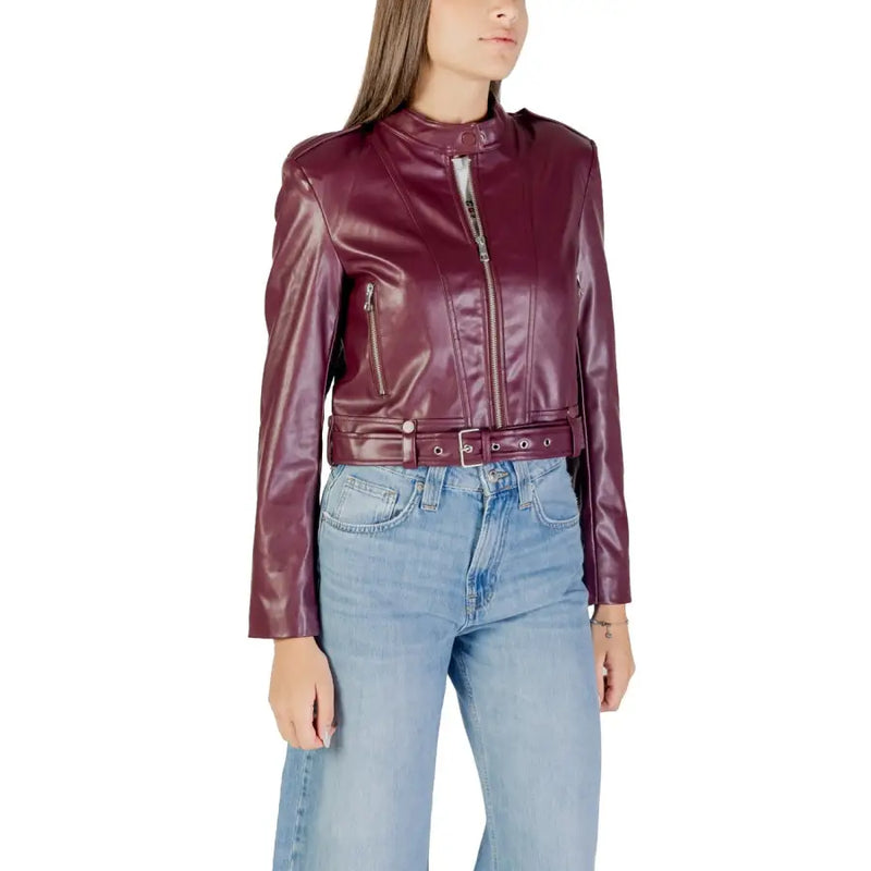 Bordeaux long women’s blazer with zip, belt, pockets, and plum-colored faux leather biker jacket
