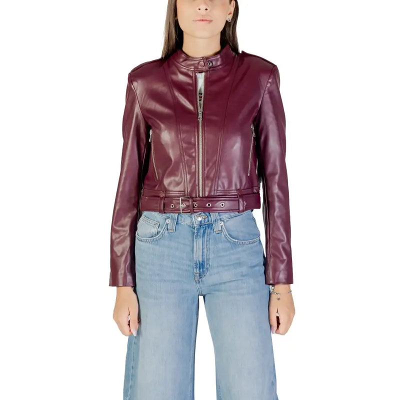 Women’s maroon faux leather biker jacket with belted waist from Bordeaux Long Womens Blazer collection