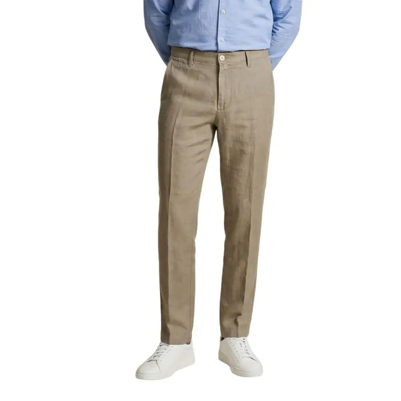 Khakifarbene Chino-Hose von Borghese für Herren, klassische Passform mit dezenten Falten, Kamel, 100 % Leinen, Frühjahr/Sommer, PSE579GR