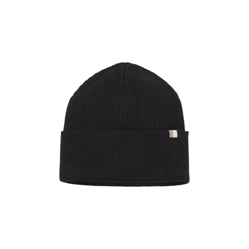 Black ribbed beanie with gold logo and cuff detail.