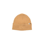 Beige boss beanie with ribbed texture and logo.