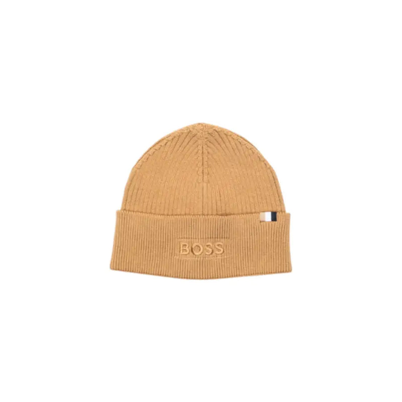 Beige boss beanie with ribbed texture and logo.
