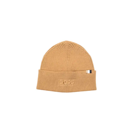 Beige boss beanie with ribbed texture and logo.
