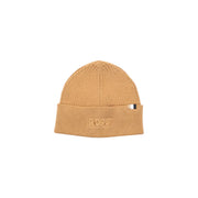 Beige boss beanie with ribbed texture and logo.