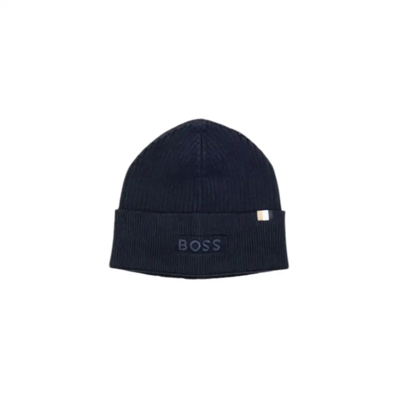 Hugo boss navy blue ribbed beanie with logo.