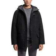 Black hooded parka jacket with zipper details and pockets.