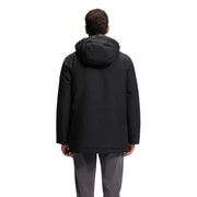 Black hooded jacket with a sleek design and water-resistant material.