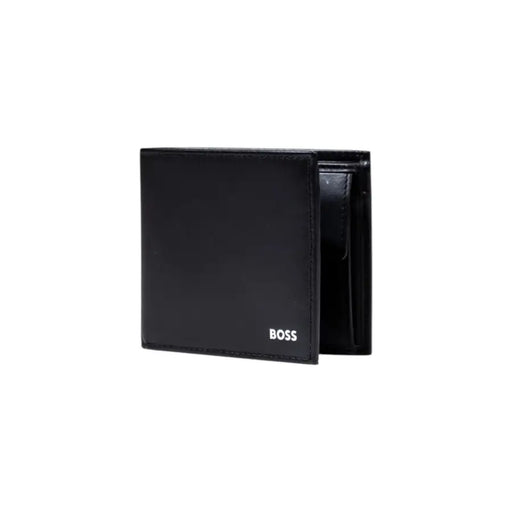 Black bifold leather wallet displayed in Boss Black Leather Wallet for Men Fall Winter product
