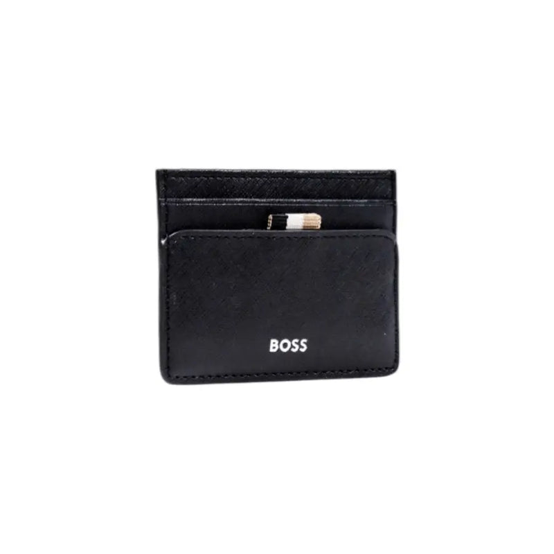 Black leather card holder with striped accent from Boss Black Leather Wallet for Men