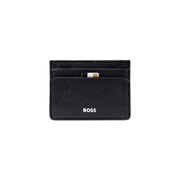 Black leather card holder with multiple slots and subtle striped accent for Men
