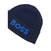 Dark blue ribbed wool blend beanie for men with bold blue Boss logo embroidered on the folded cuff