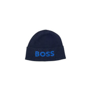 Dark blue knitted wool blend beanie for men with boss embroidered in bright blue on the folded brim