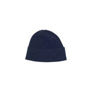 Boss blue printed wool blend cap for men navy blue ribbed knit beanie with folded cuff shown from the back side