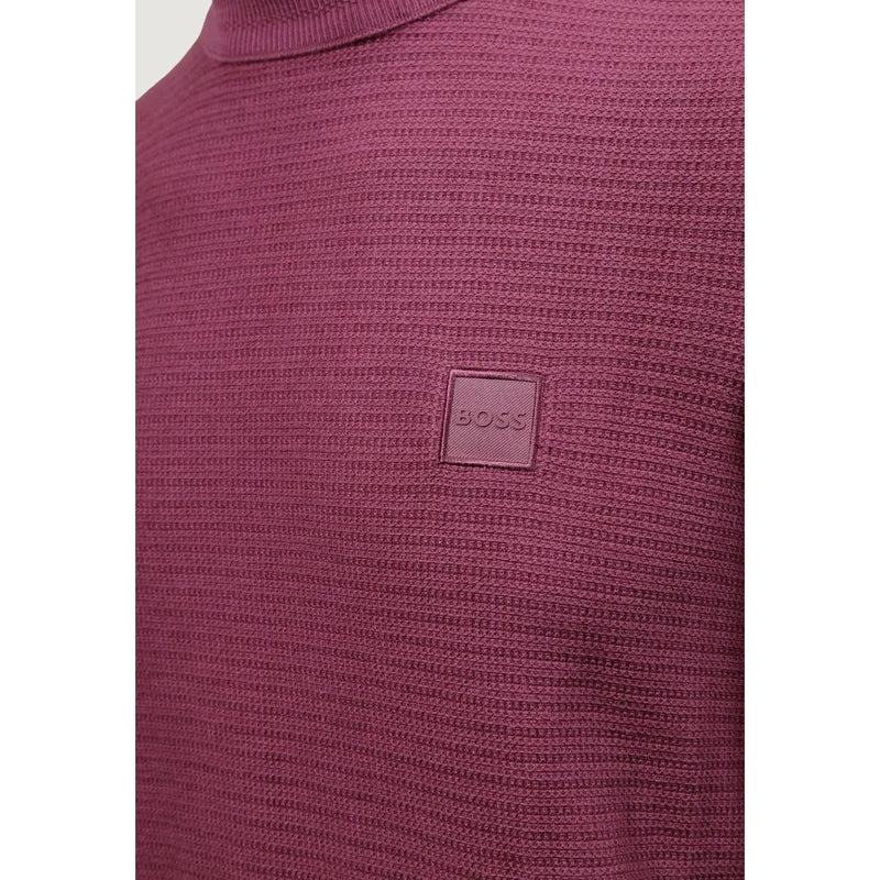 Boss Kaschmirpullover für Herren in bordeauxrotem Waffelstrick mit Strukturmuster und Logo-Patch auf der Brust, Vorderansicht