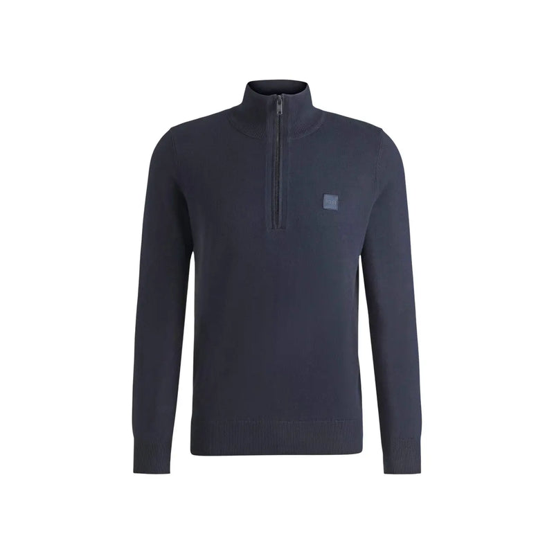 Boss Kaschmirpullover Kanobix für Herren in Dunkelblau mit halbem Reißverschluss und Logo-Patch auf der linken Brust, Vorderansicht