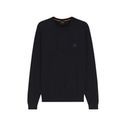 Boss Kaschmirpullover Kanovano für Herren in Schwarz mit dezentem quadratischem Logo und orangefarbenem Kragenbesatz, Vorderansicht