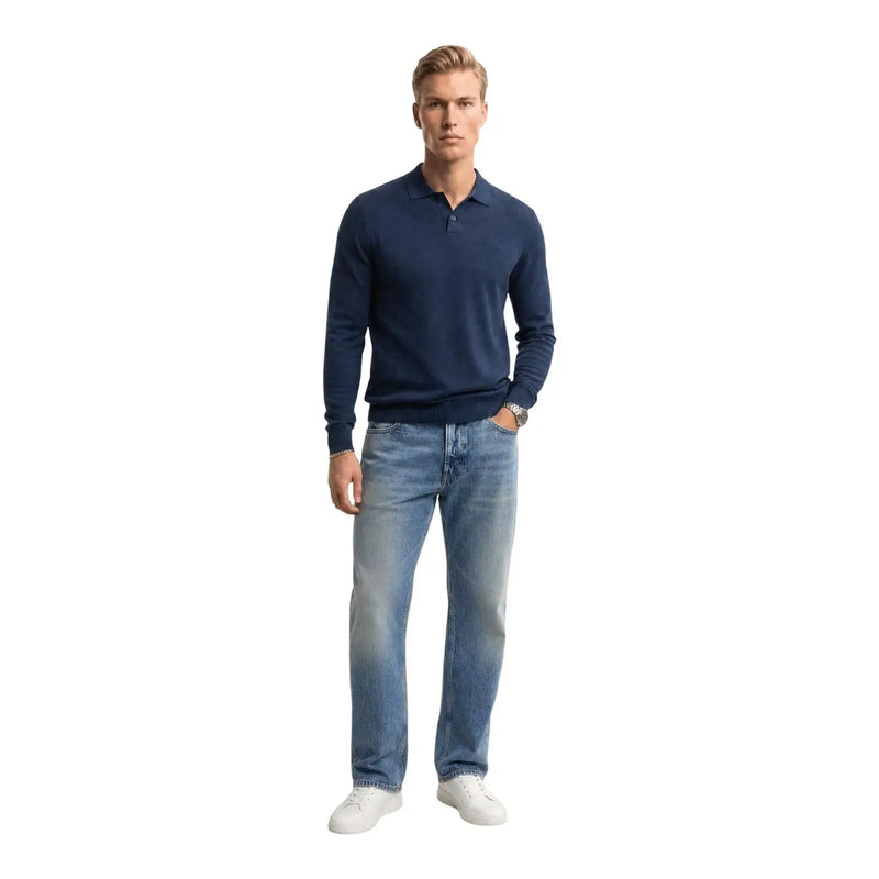 Boss Baumwollpullover, langärmeliges Poloshirt für Herren in Marineblau mit Kragen und Knopfleiste, Vorderansicht
