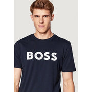Navy blue men’s T-shirt with white BOSS print on chest from Boss Men 100% Cotton collection