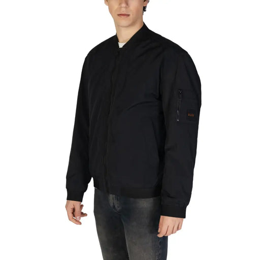 Boss men black zip blazer cotton polyamide bomber jacket with zippered sleeve pocket and subtle red branding patch