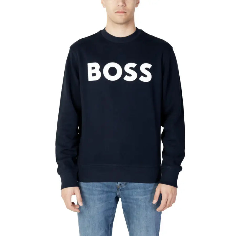 Men’s navy blue cotton sweatshirt with long sleeves and BOSS white logo front view