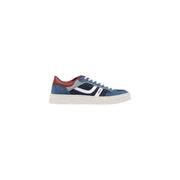 Boss Herren-Sneaker aus blauem Leder, niedrigtop mit blauem und rotem Wildleder, weißen Schnürsenkeln und schwarzem Einsatz mit Boss-Logo