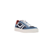 Boss Herren-Sneaker aus blauem Leder mit niedrigem Schaft aus blauem und schwarzem Wildledertop Design mit weißen Schnürsenkeln und rotem Kragenfutter