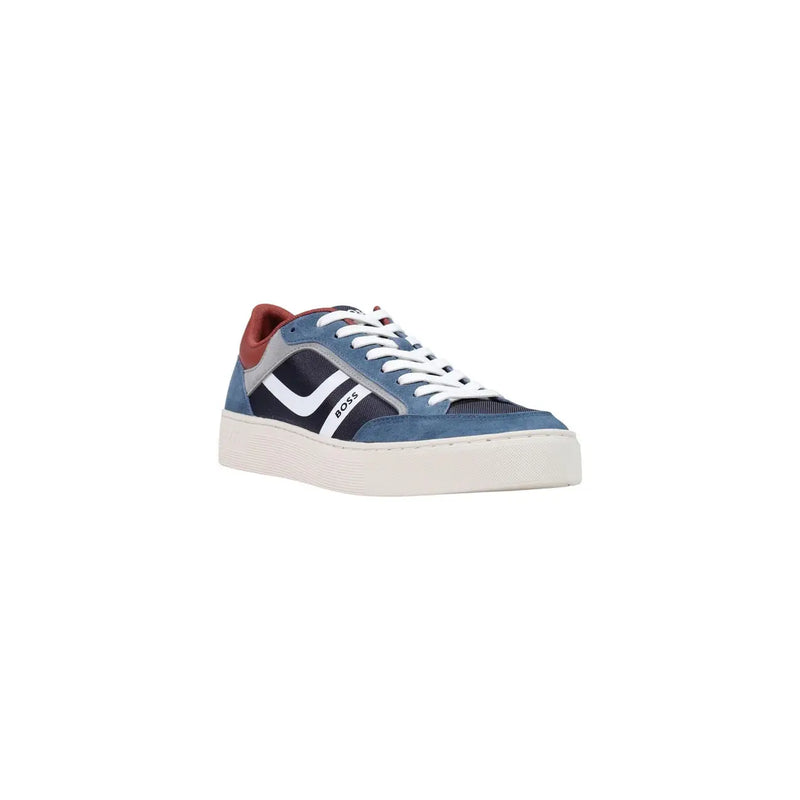 Boss Herren-Sneaker aus blauem Leder mit niedrigem Schaft aus blauem und schwarzem Wildledertop Design mit weißen Schnürsenkeln und rotem Kragenfutter